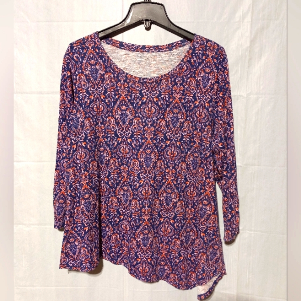New Directions EUC Asymmetrical Tunic Top, Navy & Peach Patterned, XL